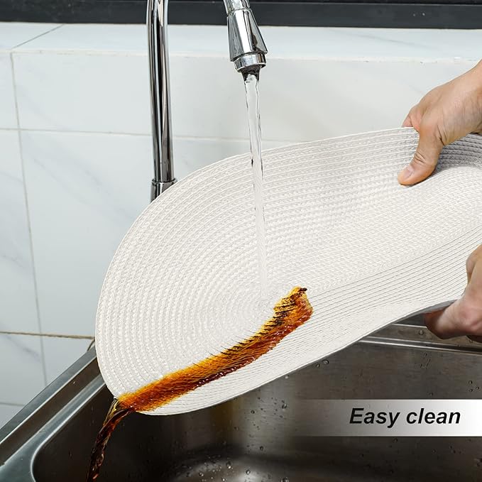 FunWheat Oval Braided Placemats Set of 8 Table Mats for Dining Tables Washable Heat Resistant Place Mats for Indoor Outdoor Use 12 x18 Inch(Oval White, 8pcs)