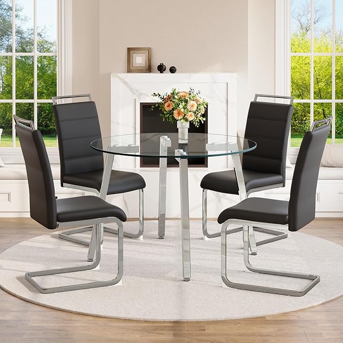42" Round Glass Dining Table Set for 4,Modern Breakfast Table Set for 4 with Silver Chrome Legs,Space Saving Kitchen Table and Black Chairs for Apartment,Easy Assembly