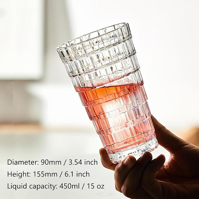 Vintage Drinking Glasses Set of 6, 15 oz Brick-Shaped Glass Cups, Mojito Glass Cups Stackable Water Tumbler, for Beer, Cocktail, Whiskey, Juice & Mixed Drinks.