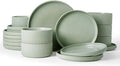 Famiware Star Dinnerware Set, Plates and Bowls Sets for 6 (18pcs), Ribbed Stoneware Dishes - Chip & Scratch Resistant, Microwave & Dishwasher Safe Kitchenware, Matte Sage Green