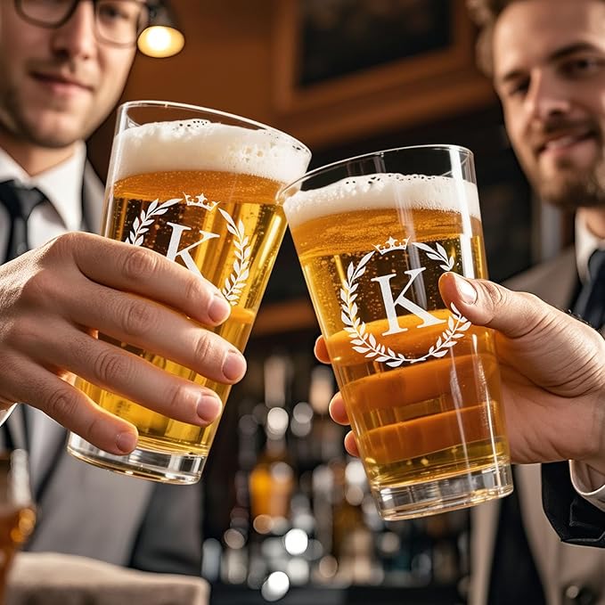 Personalized Beer Glasses Gifts for Men, 16 oz Pint Glasses Monogrammed A-Z Drinking Glass Cups Customized Gift, Unique Christmas Anniversary Birthday Gifts for Men Him Dad Brother Husband Grandpa (K)