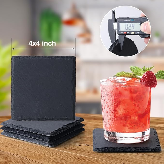 Slate Coasters Set of 12,4-Inch Black Square Stone Drink Coasters with Scratch-Resistant Backing,Durable Tabletop Protection for Home Office Kitchen,Ideal Housewarming Wedding Gifts