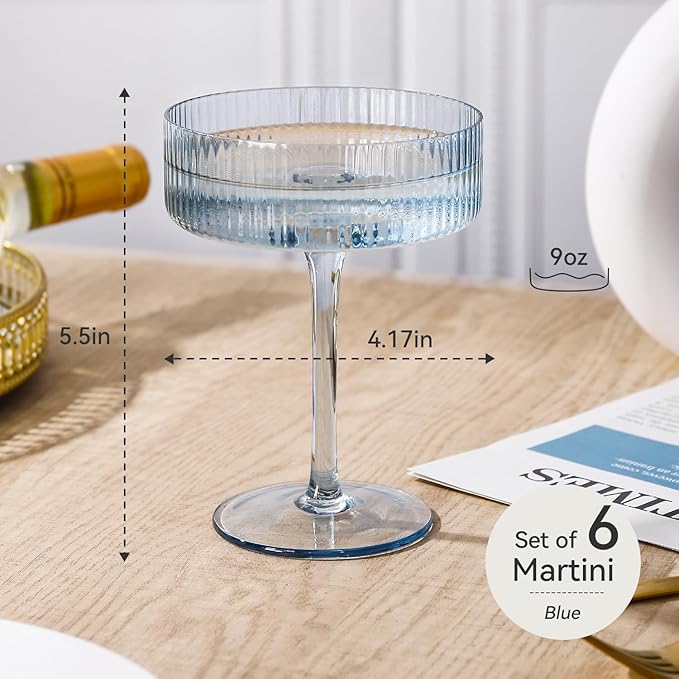Blue 9 oz Vintage Art Deco Coupe Glasses Set of 6 Blue Ribbed martini Glasses|Vintage Cocktail Glasses Set,Unique Light Sky blue Coupe Glass