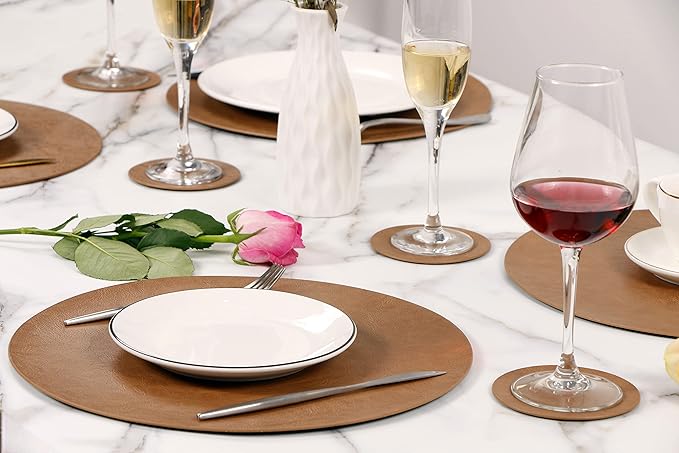 Set of 8 PU Leather Placemats, Waterproof Coffee Coasters, Kitchen Table Mats, Easy to Wipe Off for Dining Round Table