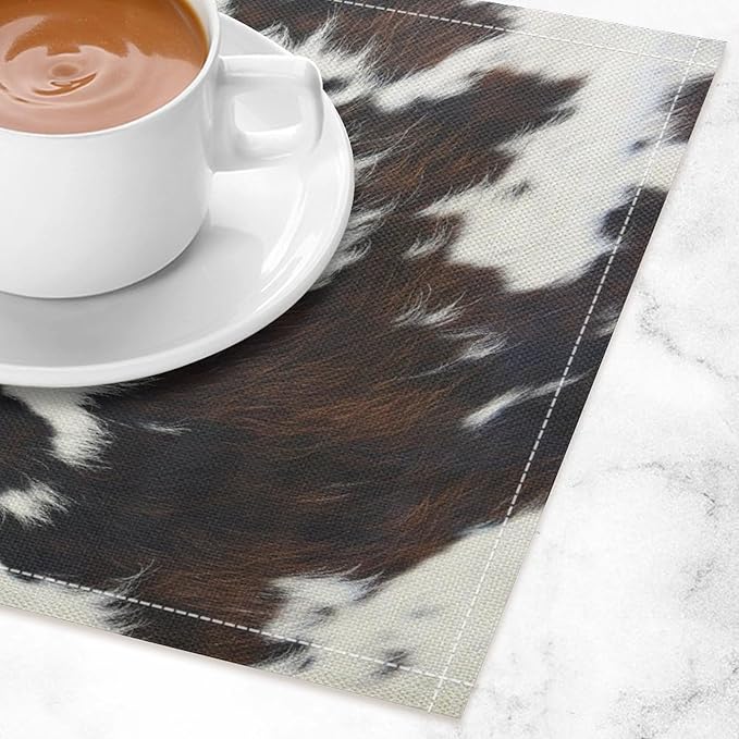 Cow Print Placemats,Black and White Farmhouse Animal Print Place Mats,Western Highlands Pattern Kitchen Table Mats for Dining Kitchen Party Holiday Decor 12x18 in 6 PCS