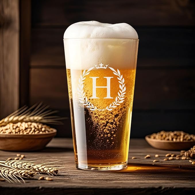 Personalized Beer Glasses Gifts for Men, 16 oz Pint Glasses Monogrammed A-Z Drinking Glass Cups Customized Gift, Unique Christmas Anniversary Birthday Gifts for Men Him Dad Brother Husband Grandpa (H)