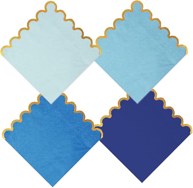 100 pack Blue Cocktail Napkins with Gold Foil Accents Scalloped Edges 5 x 5 inch Beverage Disposable Napkin Party Decoration Wedding Bridal and Baby Shower Dinner Lunch Supplies