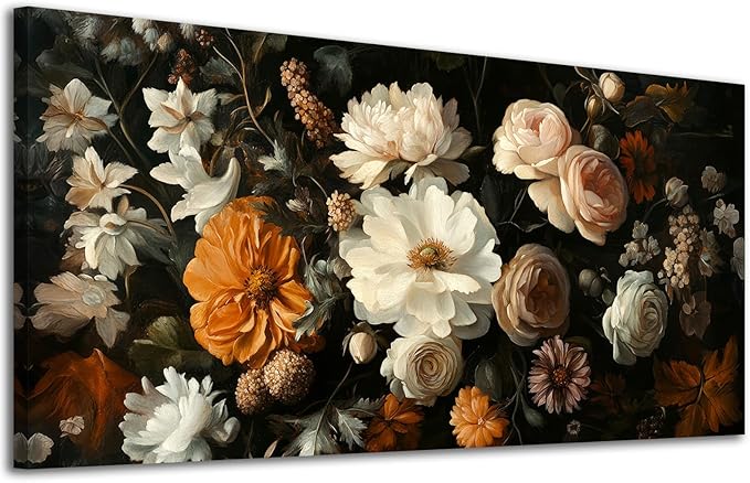 ADJUVANT Wall Art Vintage Floral Bouquet 40" L x 20" W, Flowers Peonies And Roses Canvas Painting Botanic Artwork Blossoms Prints Floral Wall Decor for Living Room Bedroom Dining Room Home Office