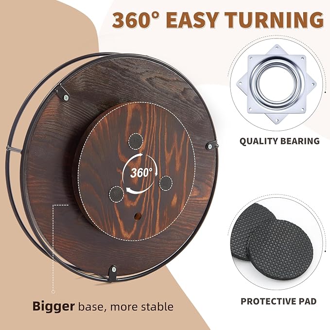 12 Inch Wood Lazy Susan Turntable for Table, Kitchen Rustic Brown Turntable Organizer with Steel Frame, 360 Degree Decorative Turntable for Countertop Cabinet or Centerpieces