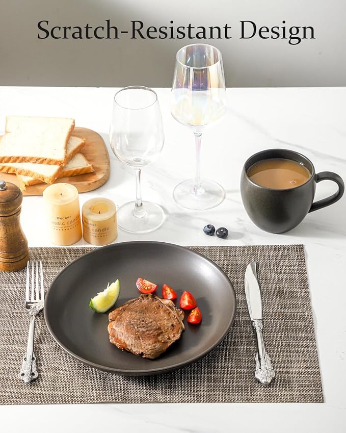 Dinner Plates Set of 4, 10 Inch Ceramic Plates - Stoneware Dinnerware Set for Pancakes, Scratch Resistant Black Plates, Microwave Oven and Dishwasher Safe for Steak, Noodle, Kitchen