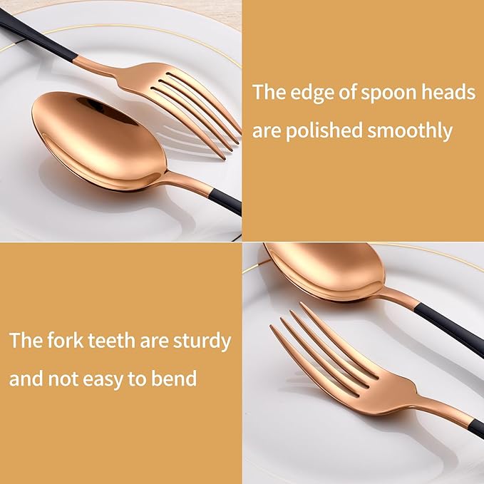 20-Piece Black and Rose Gold Silverware Set 18/0 Stainless Steel Silverware Set Black Handle Cutlery Set Service for 4 Dinner Knives Forks Spoons Set Flatware Set Finish Dishwasher Safe