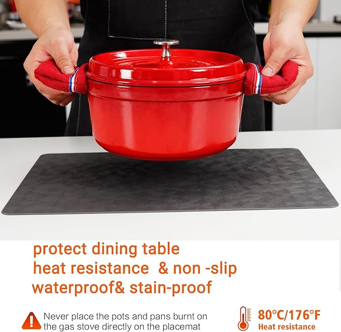 Vinyl Placemats Set of 6 Heat Resistant Easy Clean Non-Slip Place Mats for Dining Table Faux Leather Waterproof Stain Resistant Wipeable Washable PVC Table Mats(6, Gray)