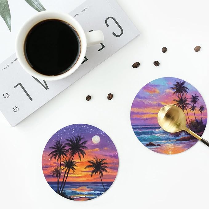Sunset Beach Coasters for Drinks with Holder Round Leather Coasters Set of 6 Cups Mugs Mat Pad for Home Kitchen Bar