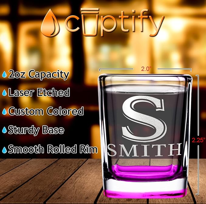 Personalized Shot Glasses Set of 6 Initial and Name 2oz Pink Bottom Etched Square Shot Glass Engraved with Custom Text Birthday or Christmas Gift for Women