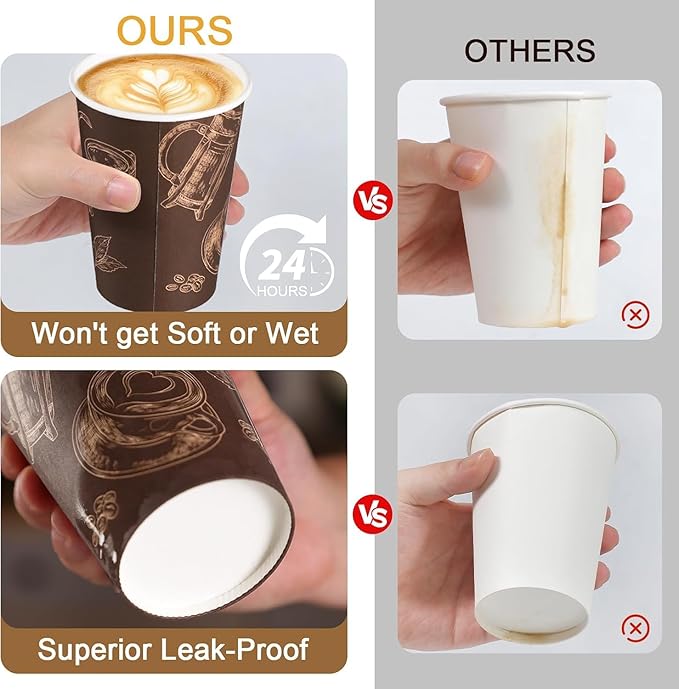 180 Pack 10 oz Disposable Paper Coffee Cups, Hot/Cold Beverage Drinking Cups, Brown Hot Coffee Cups for Party, Picnic, Travel, and Events