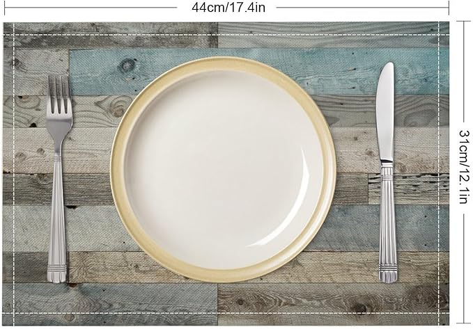 Rustic Plank Placemat Set, Vintage Old Shabby Colorful Beige Brown Blue Farmhouse Barn Wooden Board Pattern Home Decor Linen Table Mats for Dining Room Kitchen Party (17x12in) x4P