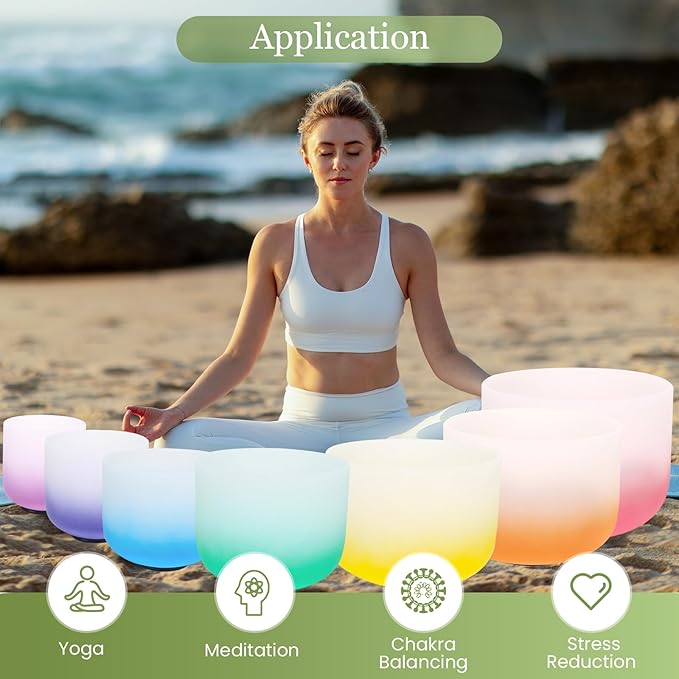 432HZ 6-12 Inch 7 Pcs Gradient Frosted Crystal Singing Bowl Set for Meditation Healing Yoga Chakra Quartz Crystal Sound Bowls with Heavy Duty Carry Cases and Rubber Mallet,Suede Striker,O-rings