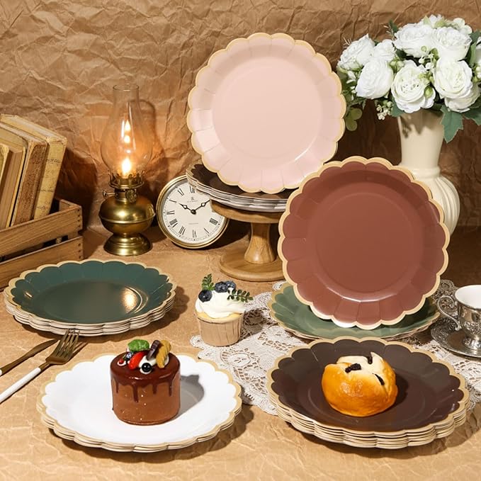 48 Pcs Woodland Green and Brown Paper Plates 9 Inch Gradient Scalloped Paper Disposable Dinner Dessert Plates for Birthday Wedding Bridal Party Supplies, 6 Colors