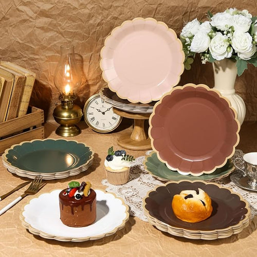 48 Pcs Woodland Green and Brown Paper Plates 9 Inch Gradient Scalloped Paper Disposable Dinner Dessert Plates for Birthday Wedding Bridal Party Supplies, 6 Colors