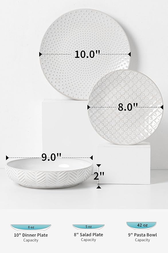 18-Piece Embossed Ceramic Dinnerware Set–6 Dinner Plates,6 Salad Plates,6 Pasta Bowls,Elegant & Durable Tableware,Dishwasher & Microwave Safe,Perfect for Family & Entertaining