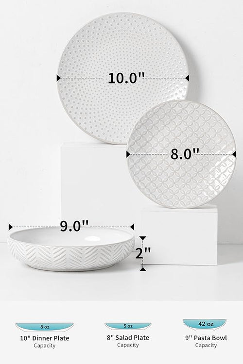 24-Piece Embossed Ceramic Dinnerware Set–8 Dinner Plates, 8 Salad Plates, 8 Pasta Bowls,Elegant & Durable Tableware for Large Families, Dishwasher & Microwave Safe