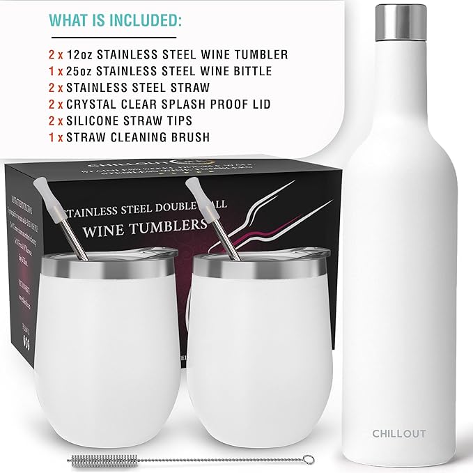 CHILLOUT LIFE 12 oz Stainless Steel Wine Tumblers 2 Pack & 1 Insulated Wine Bottle - Double Wall Vacuum Insulated Wine Glasses Cups with Lids and Straws Set Keeping Cold & Hot Gift Set