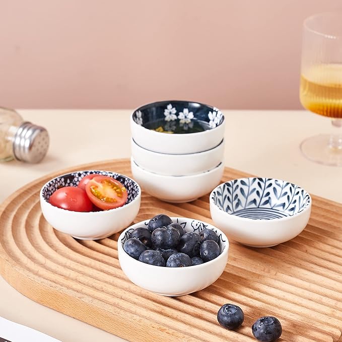 Japanese Style Ceramic Dipping Bowls,3'' Small Pinch Bowls Set Side Sauce Cups,Dishes for Sushi,Snack and Soy,BBQ,2.5 Oz Blue and White Mini Bowl for Kitchen Prep - Set of 6 (3 inch)