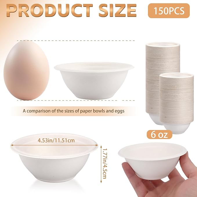 LeonBach 150 Pack 6oz Natural Bagasse Fiber Bowls, Small Disposable Paper Bowls Microwavable Safe Sample Snack Cups Charcuterie Serving Cups for Sauce Portion Condiment Ice Cream Desserts, White