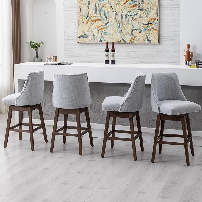 27.5" Counter Height Bar Stool, Linen Fabric Mid Century Modern Swivel Barstool with Back & Wood Legs Comfy Upholstered Counter Chair for Home Bar/Dining Room/Restaurant, Grey