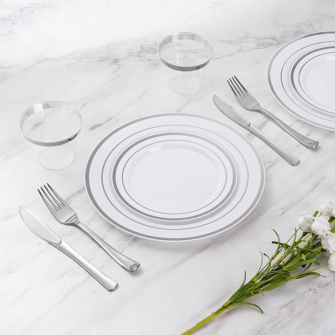 Goodluck 300-Piece Disposable Dinnerware Set for 50 Guests - Silver Plastic Plates, Salad Plates, Cutlery & Cups for Parties & Weddings