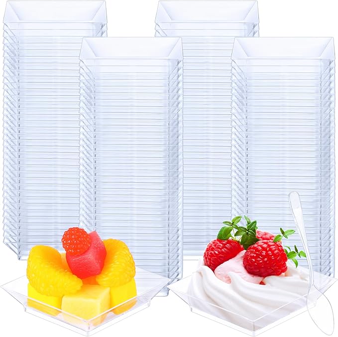 300 Pcs Mini Clear Dessert Plate Small Square Plastic Appetizer Plate with 300 Tasting Spoon Disposable 1 oz 2.4x2.4 Inch Party BBQ Wedding Picnic Party Travel Events Microwavable(Classical)