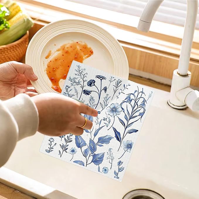 Spring Flower Swedish Dishcloths for Kitchen, Blue Swedish Dish Cleaning Cloths for Floral, Papaya Reusable Paper Towels, 4 Pack Dish Towels for Kitchen, Reusable Paper Dishcloths Washable