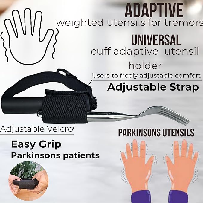 weighted utensils for hand tremors | weighted utensils for tremors and parkinsons patients | Set 4 Piece with Universal Cuff easy grip & cover | Elegant weighted silverware with Gift Box
