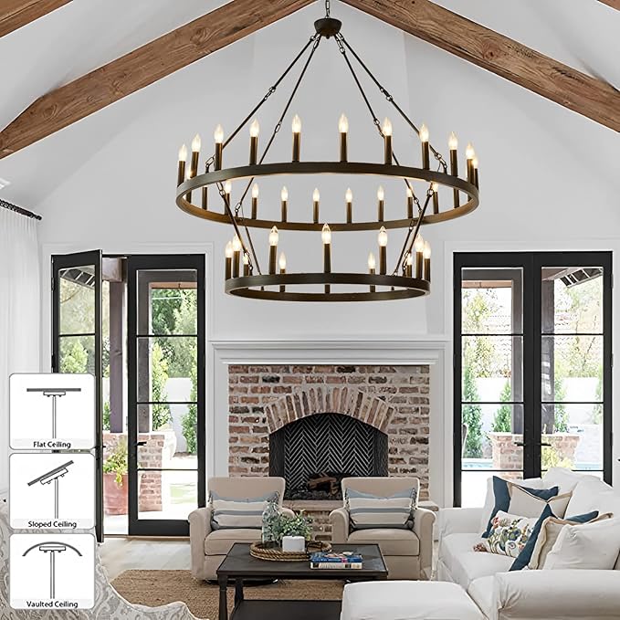 48 Inch Large Black Wagon Wheel Chandelier,2 Tier 36-Lights Farmhouse Industrial Country Style Round Pendant Light Fixture for Outdoor Porch high Ceilings Living Dining Room Foyer Entryway