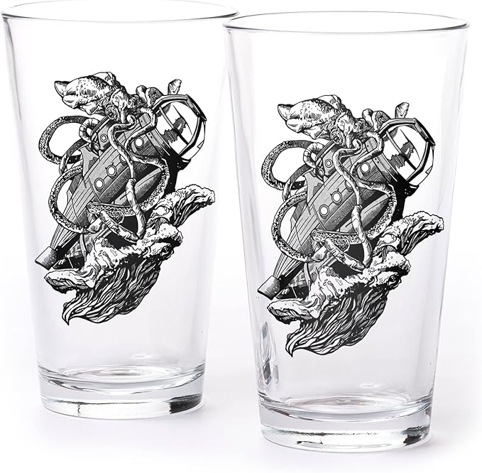 Set of 2 Pint Glasses - Funny Beer Glasses with Kraken Sinking Submarine - Premium Drinking Glasses 16oz. Capacity
