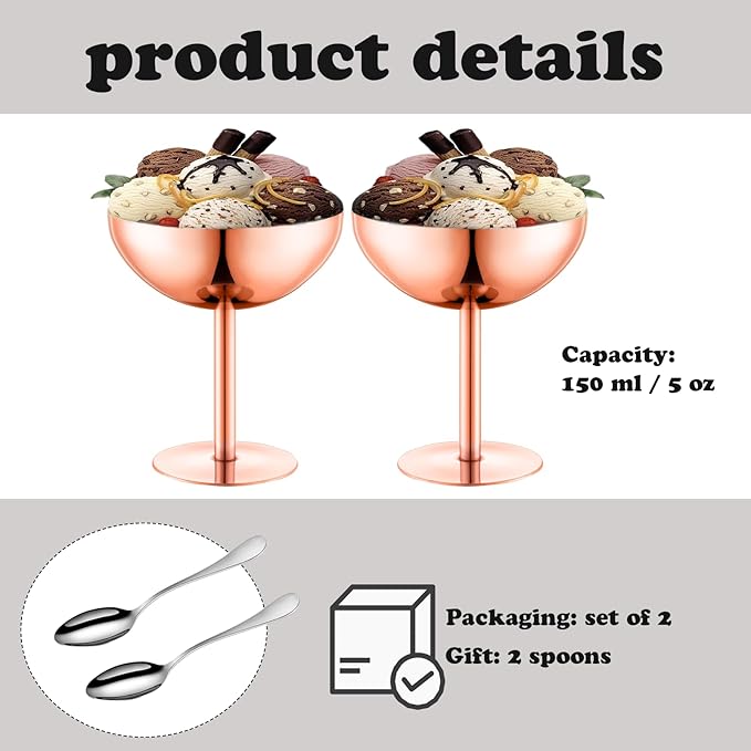 Ice Cream Bowls Stainless Steel Dessert Cups with Spoons Reusable Footed Sundae Cups Ice Cream Cups for Dessert, Frozen Yogurt, Gelato, Birthday Party Decorations (2, Rose glod)