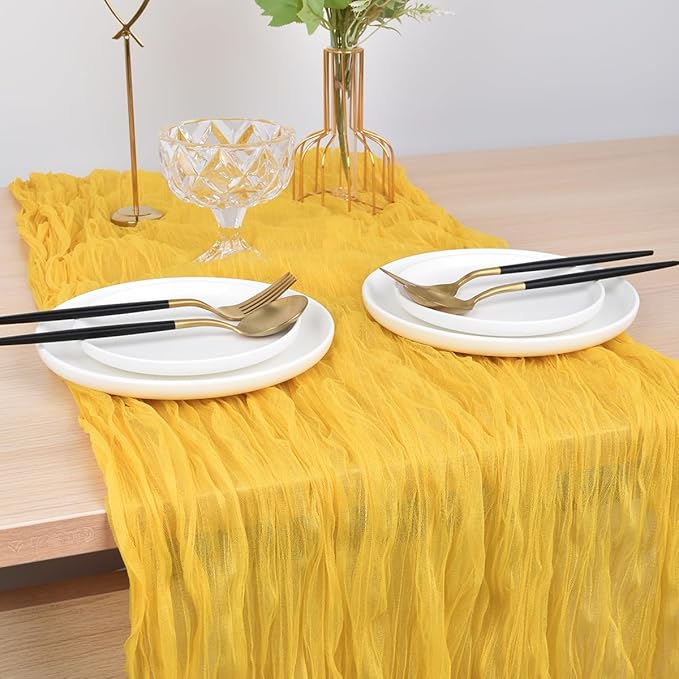 Joanlody Yellow Cheesecloth Table Runner Spring Easter 10Ft Rustic Gauze Boho Cheese Cloth Table Runner for Wedding Bridal Baby Shower Decoration 4 Pack