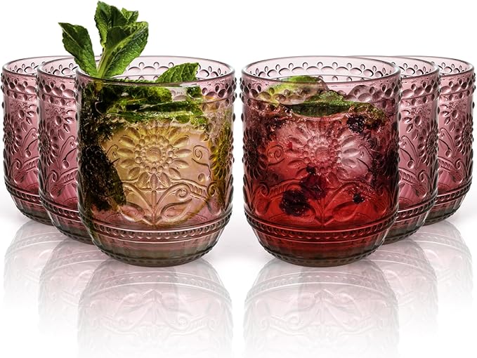 Topsky Vintage Drinking Glass Set of 6,12 oz Embossed Floral Decorative Glassware Set,Glass Cups Wine Glasses Beverages Tumblers Colored Glassware for Whisky,Beer,Juice,Cocktail,Heavy Duty