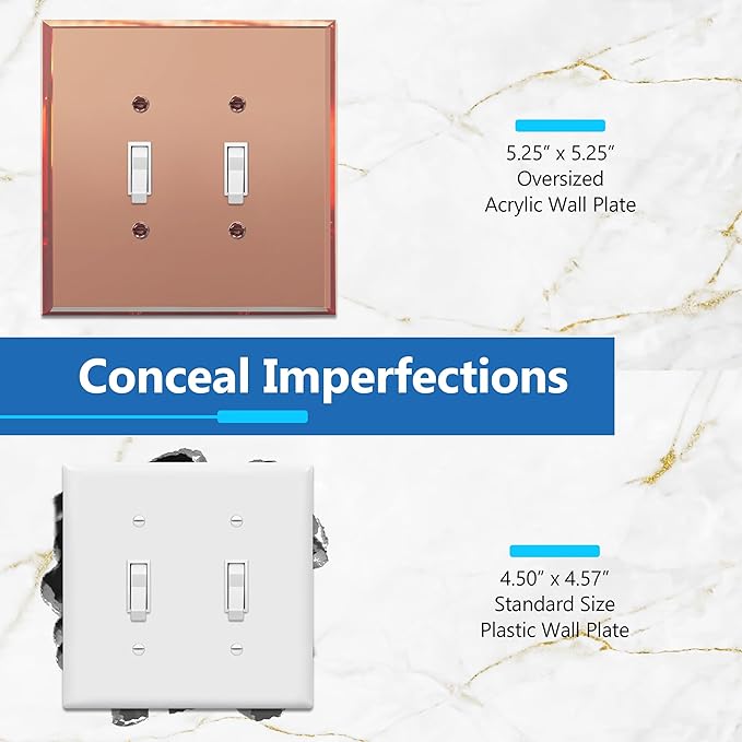 LIDER Double Toggle Switch Acrylic Wall Plate, Mirrored Dual Light Switch Plate, Plexiglass Switch Cover, Reflective Finish, Modern Upgrade, Oversized 2-Gang 5.25" x 5.25", Rose Gold