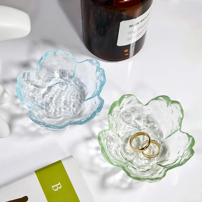 Green Glass Ring Holder Dish, Cherry Blossom Decor Jewelry Trinket Tray, Rings Earrings Keys Storage Organizer Bowl
