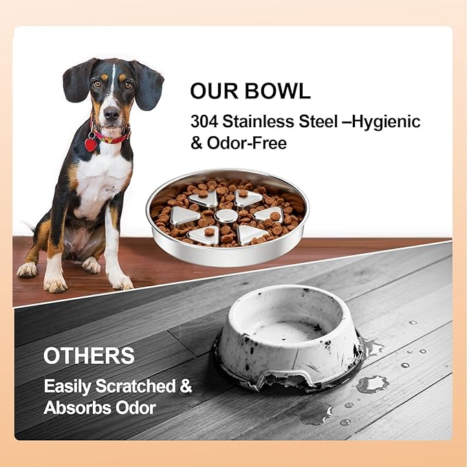 Kactoily Stainless Steel Slow Feeder Dog Bowl, 3 Cup Heavy Duty Slow Eating Bowl, Deep Maze & Non-Slip Base for Large & Medium Dogs, Dishwasher Safe