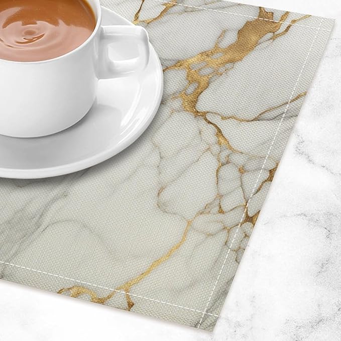 Marble Linen Placemats Set of 4, Modern Abstract Foil Texture White Gold Marble Washable Place Mats, Non Slip Placemat for Home Party Dining Tables Wedding Kitchen Banquets Decor 12x17 Inch