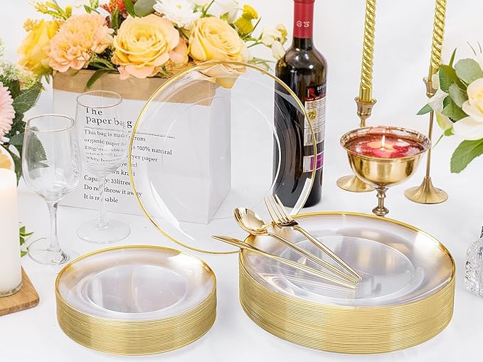 EI 180pcs Gold Plastic Plates,Clear Plates with Gold Trim,Plastic Plate for Party,Clear Dinnerware Set Silverware Cups for Baby Shower,Wedding,Spring Afternoon Tea