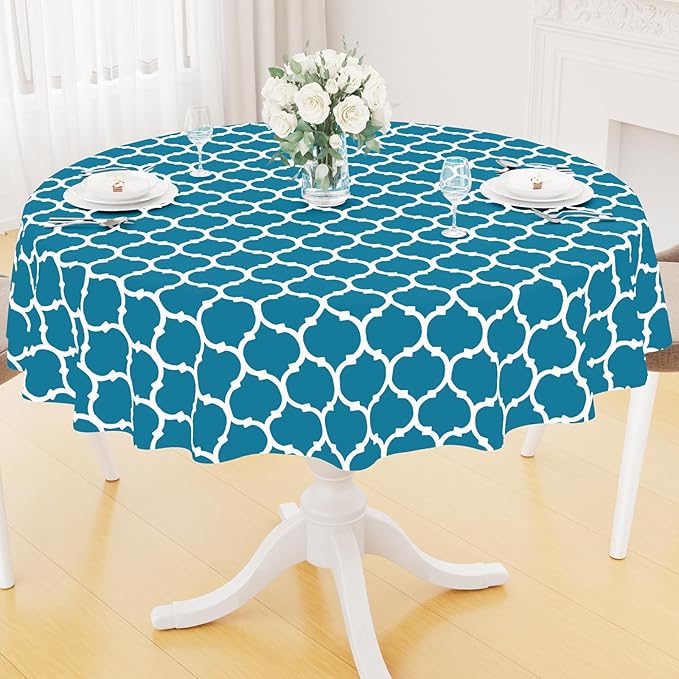 Smiry Round Plastic Table Cloth, Waterproof Vinyl Tablecloth with Flannel Backing for Round Tables, Wipeable Spillproof Tablecloths for Dining, Camping, Indoor and Outdoor (60" Round, Teal)