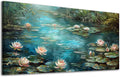 ADJUVANT Wall Art Impressionist Water Lily Pond 40" L x 20" W, Lotus Flower Canvas Painting Nature Artwork Green Water and Pink Blooms Prints Wall Decor for Living Room Bedroom Study Home Office