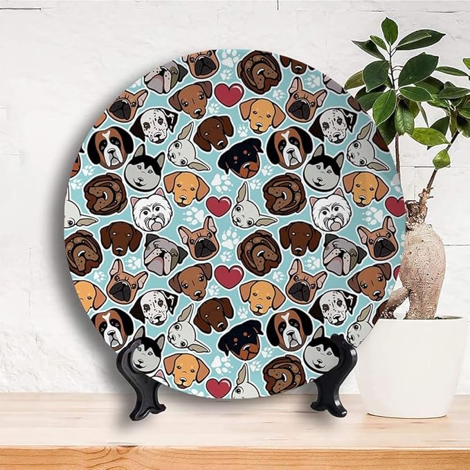 Ceramic Display Plate, Dog Lover Ceramic Hanging Decorative Plate, Canine Breeds Bulldog Chihuahua Siberians and Retriever, 7 Inch, Living Room Kitchen Decoration Household, Multicolor