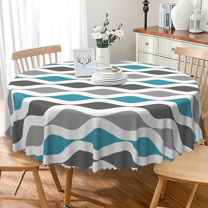 Laeacco 24 Inch Geometric Round Tablecloth Blue and Grey Waved Stripes Modern Abstract Art Print Table Cloth Washable Waterproof Wrinkle Free Table Cover for Kitchen Dining Picnic Party Decoration