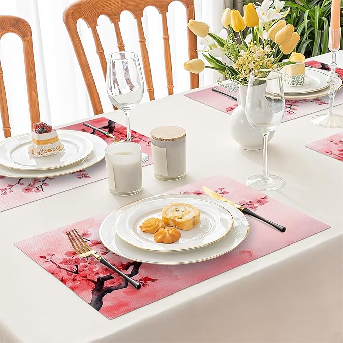 Japanese Cherry Blossom Placemats Set of 4, Pink Sakura Floral Place Mats, Flower Waterproof Washable Table Mats for Home Party Indoor Kitchen Dining Table Decoration 12x18 Inch