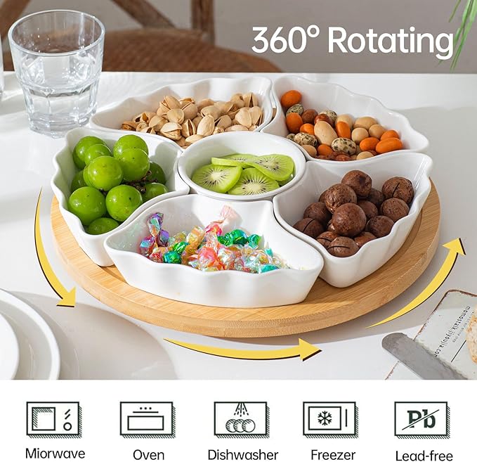 7-Piece Divided Serving Tray Set for Party, 12-Inch Rotating Serving Tray for Dining Table with Removable Dividers, Lazy Susan Platter for Charcuterie, Appetizers & Snacks