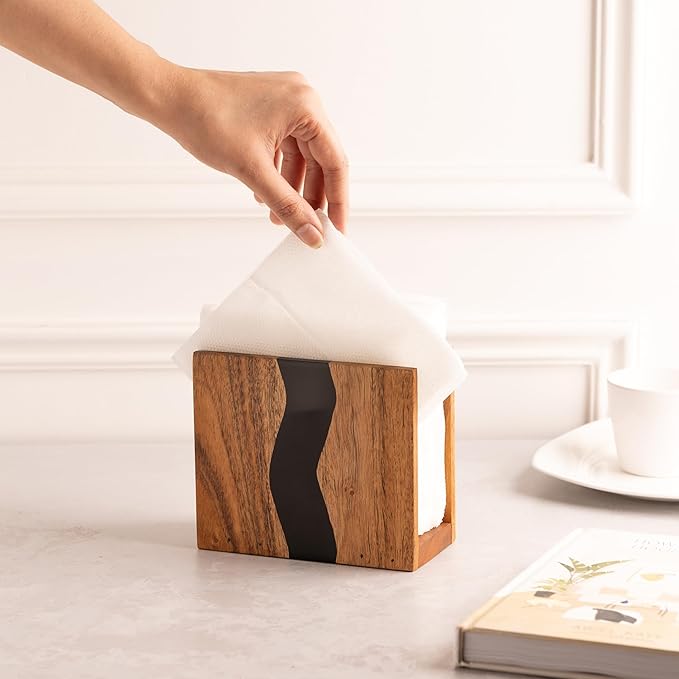 Acacia wood & Transparent Epoxy resin Napkin holder for table, Rustic farmhouse napkin organisation for kitchen, dining, counter tops, restaurant or outdoors | 6x5x2.5 inches|(Black)